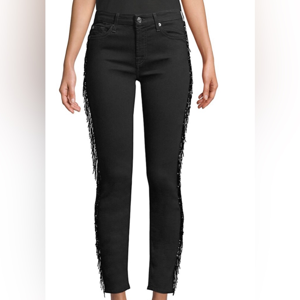 7 For All Mankind Beaded Fringe Ankle Skinny Jeans Color Black Size 25